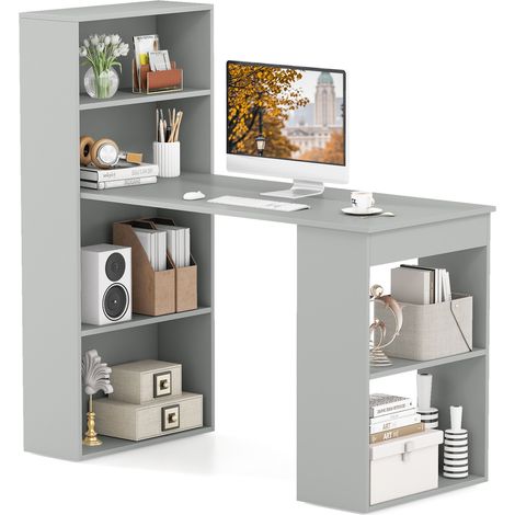 COSTWAY Computer Desk Wooden PC Laptop Table Writing Workstation 6-Tier Storage Grey (1/5)