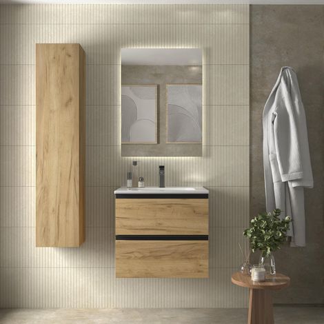 Meuble de salle de bain BEQUIA METAL 70cm Chêne Vasque Porcelaine Centrale (1/5)