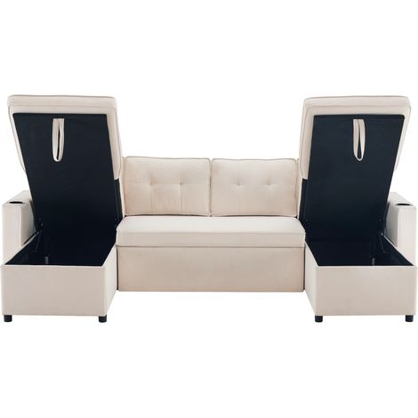 Divano letto angolare a U in cotone e lino beige con porta bicchieri e vani contenitore (1/5)