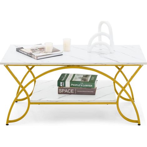 COSTWAY Table Basse Imprimée Marbre à 2 Niveaux 100 x 50 x 45 CM, Table de Salon avec Structure Métal, Coussinets de Pied Réglables (1/5)