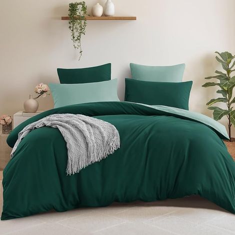 Housse de Couette 240x260 Réversible avec 2 Taies d'oreiller 65x65 cm (Vert Foncé/Vert) - Parure de Lit 260 x 240 Adulte 2 Personne Microfibre, Parure Couette avec Fermetures éclair