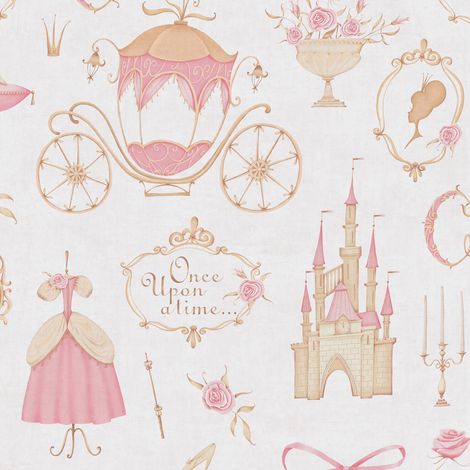 Carta da parati per bambini Profhome 771301 Carta da parati TNT liscia con design romantico opaca crema rosa beige giallo-oro 5,33 m2