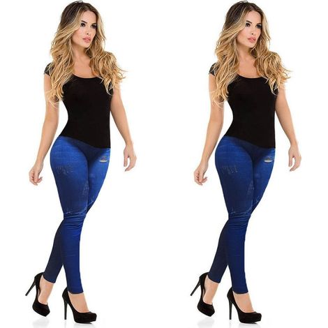 Leggings Femmes Effet Jeans Amincissant Couleurs Claires Et Foncées (1/5)