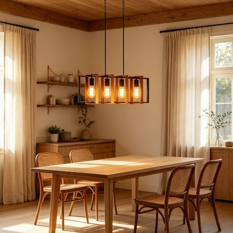 Suspension luminaire en métal et bois, 4 supports E27 orientables, hauteur réglable de 90 à 130 cm, 40 W par ampoule, pour salle à manger, cuisine ou salon – CHICFURN (1/5)