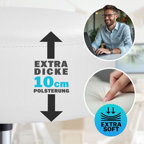 CASARIA® Tabouret à roulettes avec dossier confortable pivotable 360° réglable en hauteur avec repose-pieds bureau Set de 2 Blanc