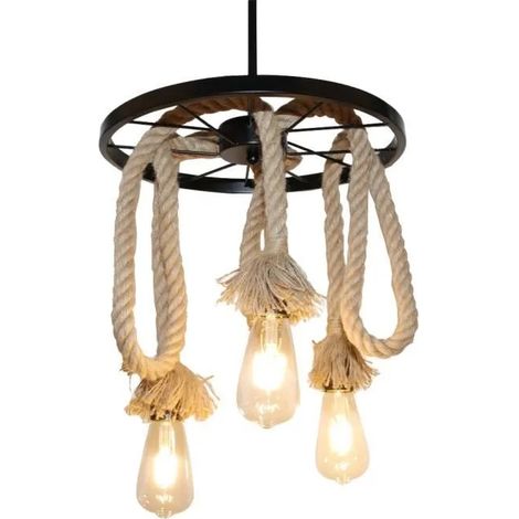 Lustre Suspension en Roue Corde de Chanvre Lampe Plafonnier Industrielle Vintage avec 3 Tete pour Salon Chambre Cuisine Cafe (1/4)