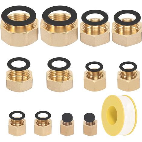 Bouchon en Laiton, 12 Pièces Bouchons Anti-écoulement Bouchon Fileté 3/4" en Laiton avec Rondelles de Tuyau, Ruban de Matière Première Adapté aux Systèmes de Chauffage et d'Eau Potable (6 Tailles) (1/5)