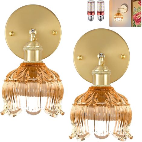 Lot de 2 appliques murales avec ampoule, lampes de chevet vintage, appliques murales pour miroir de salle de bain, applique murale fleur en verre (1/5)