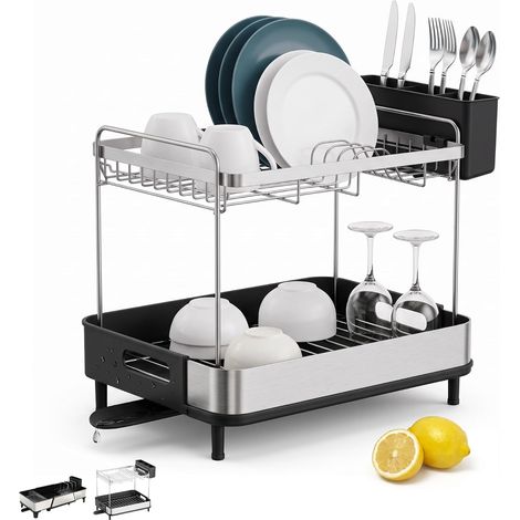 Égouttoir à Vaisselle 2 Niveaux, Égouttoir Cuisine Compact, Noir (1/5)