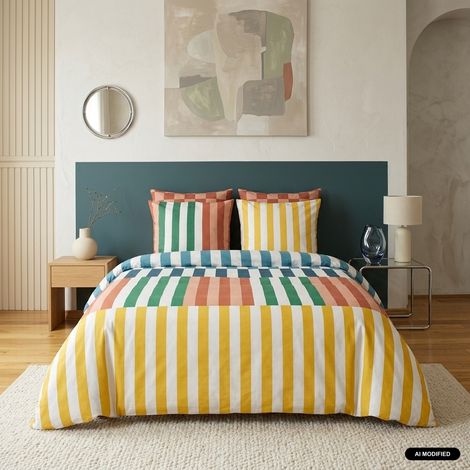 Parure de lit coton motifs rayures multicolore 2 places - Aura 240 x 220 cm (1/3)