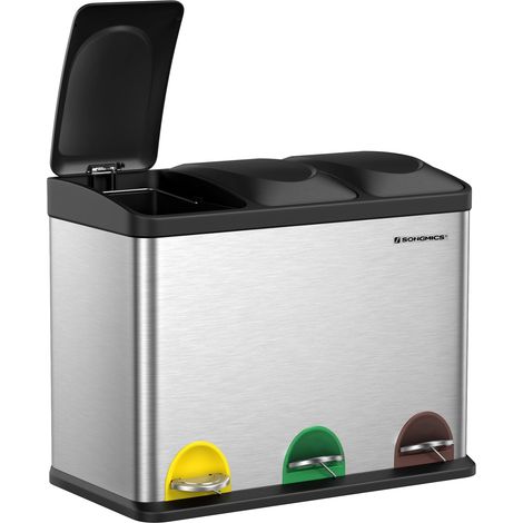 Poubelle de Cuisine Triple, Poubelle de Tri, Corbeille à Pédale, en Métal, Volume 45L, 3 x 15L, avec Couvercle, en Acier, Argent LTB45L (1/5)