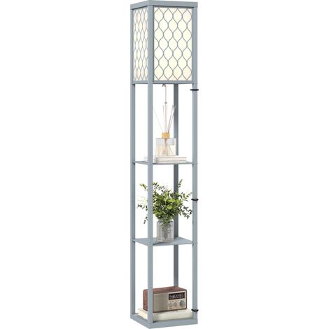 Lampadaire avec étagères, lampadaire sur pied de salon 3 niveaux, interrupteur à tirette 26 x 26 x 160 cm, gris et blanc