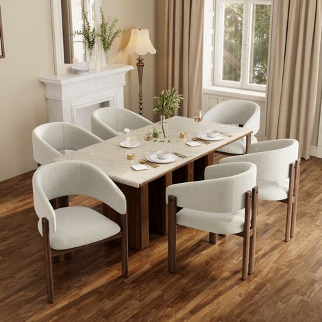 Set di 6 sedie da pranzo con braccioli, struttura in metallo effetto legno noce, lino beige (1/5)