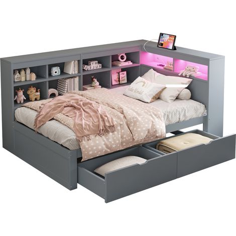 Tagesbett 90 x 200 cm aus Holz mit 2 Schubladen, Regalen, USB-Anschluss und LED, Ohne Matratze, Grau (1/5)