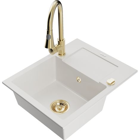 Mexen Enzo fregadero de granito de 1 compartimento con escurridor y grifo de cocina Elia, blanco - 6506-20-670101-50 (1/5)