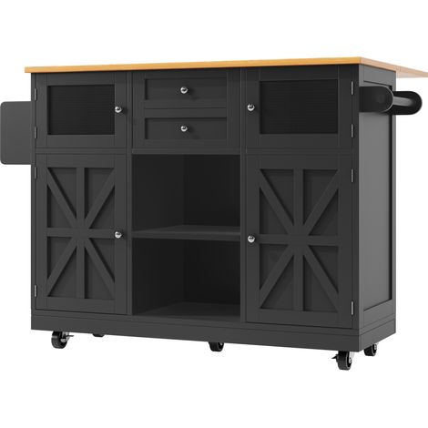 Îlot de cuisine multifonction avec plateau en MDF noir, roulettes pivotantes et range-serviettes latéral (1/5)