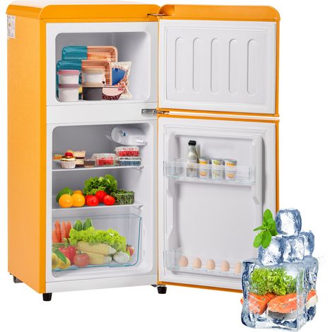 Retro Kühlschrank Gelb 60L, Zweitüriger Mini Kühlschrank mit Gefrierfach 22L, Freistehende Kühl-Gefrierkombination Klein für Wohnzimmer Büro, 45dB