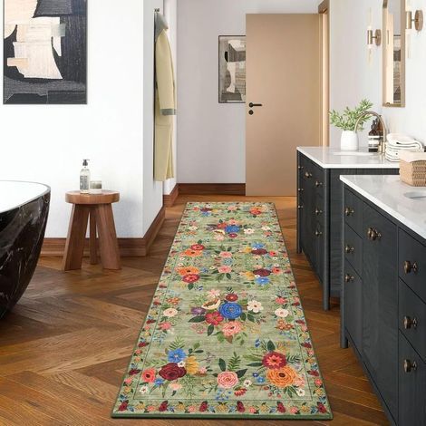 Tapis Vintage à Motif Floral, 60 x 180 cm, antidérapant, Lavable, Style bohème, Vert, idéal pour Couloir, Cuisine, Salon, Descente de lit (1/5)