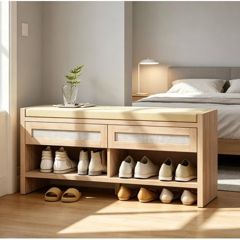 Schuhbank mit gepolsterter Sitzfläche, 2 PE-Rattan-Schubladen, 108 cm, Eiche hell OKMYHOME (1/5)