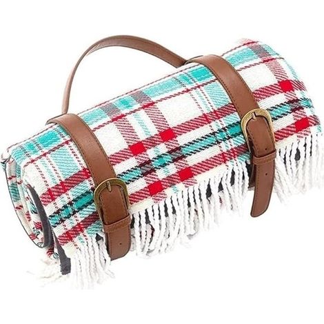 Manta de picnic de 150x200 cm con flecos y estampado de rayas, suave y cómoda, color verde-rojo vintage. (1/4)