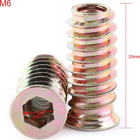 Insert filetée en acier pour meubles en bois, écrou hexagonal à empreinte interne (M6 x 25mm) (1/2)