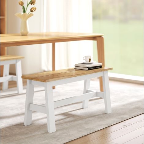 Panca da sala da pranzo 2 posti in legno di hevea effetto rovere 95x30x45 cm bianca HAVRYA (1/5)