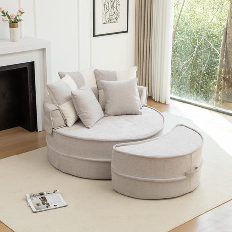 Sillón redondo gris con 5 cojines y reposapiés de chenilla OKWISH (1/5)