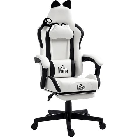 Ergonomischer Gaming-Stuhl mit Lendenkissen, Bürostuhl mit verstellbarer Fußstütze, 65 x 62 x 124 cm, weiß