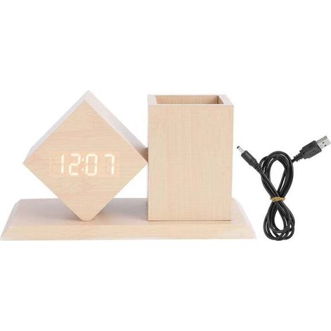 Wooden Digital Alarm Clock Voice Activated LED Desk Clock with Pen Holder (1/4)