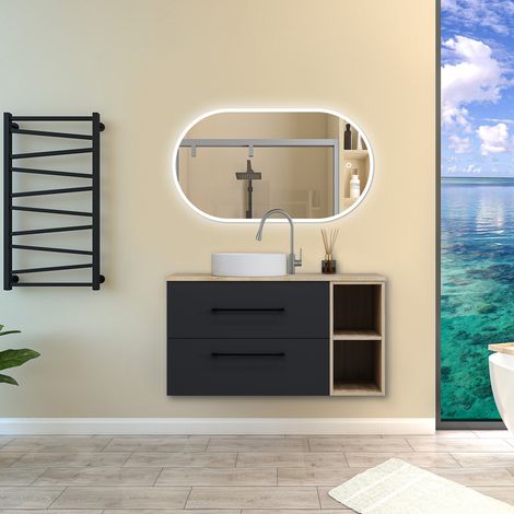 Biubiubath Ensemble meuble de Salle de Bain Suspendu avec Vasque + 2 Rangements Ouverts, 100x46x52cm, Ovale Miroir Tricolore et Dimmable