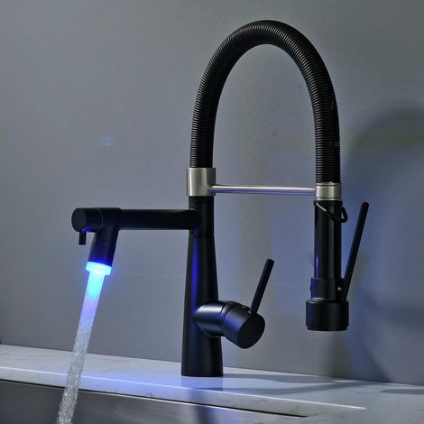 Robinet de cuisine à LED, douchette extensible avec blocage, pivotant à 360°, jet rétractable, haute pression, noir (1/5)