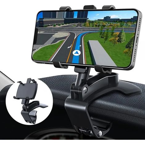 Support de téléphone pour voiture, support rotatif à 360 degrés - Support de téléphone pour tableau de bord, fixation par clip, compatible avec les smartphones de 3 à 7 pouces