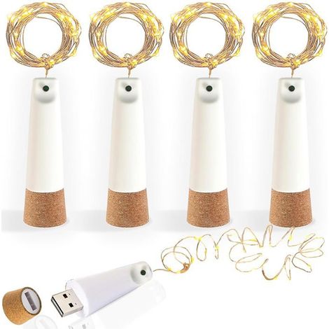 Bouchons de bouteille lumineux rechargeables par USB, 2 m, 20 LED, 8 modes, fil de cuivre blanc chaud, pour décorer bouteilles, bocaux, fêtes et Noël (lot de 4) (1/5)