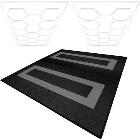 Piastrelle Modulari Ventilate 165 Nere & 60 Grigie con Bordi e Illuminazione LED Esagonale 28 Luci Bianche 6500K 3 Opzioni di Montaggio Kit Soffitto Sospeso Pavimento Garage 6m x 6m