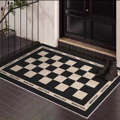 Ede Motif à carreaux noirs et blancs avec bordure noire, 4060cm (boucle en soie) Tapis d'entrée, tapis en soie bouclée résistant aux taches et facile à nettoyer, tapis antidérapant pour l'entrée. (1/5)