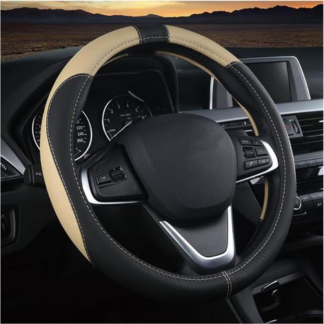 Lenkradbezug Auto Mikrofaser Leder Sport Anti Rutsch 38cm Schwarz/Beige (1/5)
