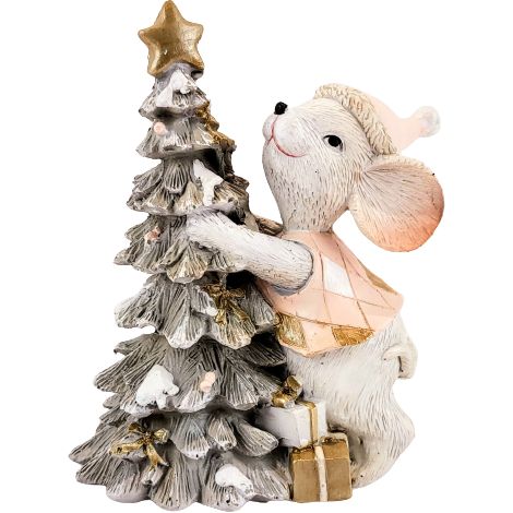 Statuetta di topo natalizio con albero di Natale, rosa (1/5)