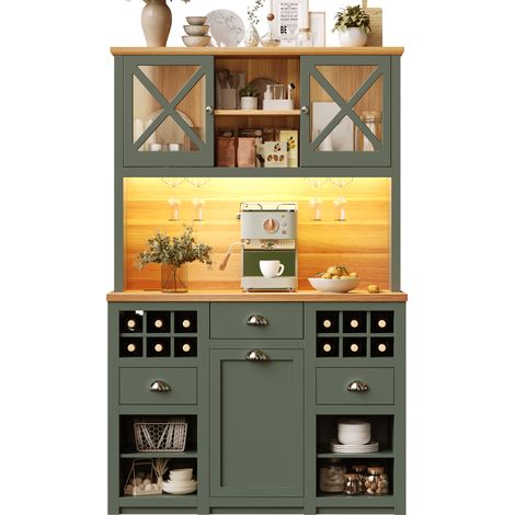 ELVMI Armario Cocina con Baldas Ajustables, LED, Tomas USB y Botellero, MDF Vidrio, Verde Antiguo, 120 x 45 x 188 cm (1/5)
