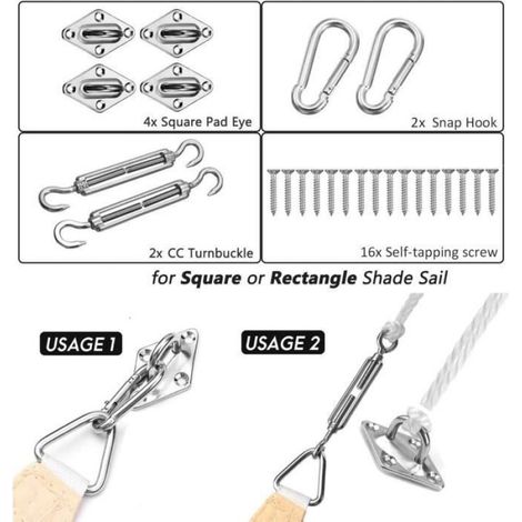 Kit de Fixation Voile d'Ombrage - Acier Inoxydable 316 - Pour Voile Solaire Extérieure - 4 Plaques Losange 2 Tendeurs 2 Mousquetons 16 Vis (1/4)