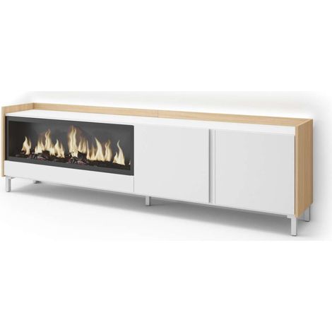 Mueble TV Torrox-01 de 212x61x35 cm con chimenea eléctrica y luces LED, diseño industrial, color blanco y roble soft (1/4)