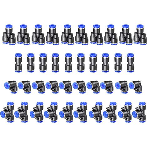 Kit de 40 raccords pneumatiques rapides pour tuyaux d'air de 10 mm, comprenant des connecteurs droits, coudés, en T et en répartiteur (1/5)