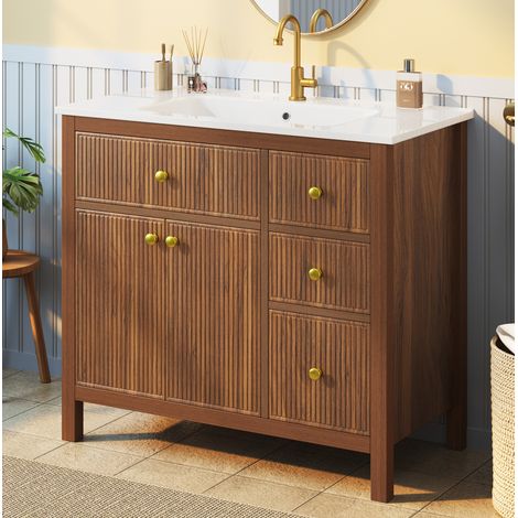 Mobile bagno con lavabo 91x48x88 cm in MDF e ceramica color noce - MEUBLIV (1/5)