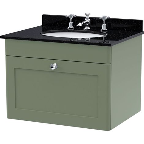 Swynnerton Traditional 1 Drawer Wall Hung Vanity Unit with Marble Basin, Satin Green, 600mm