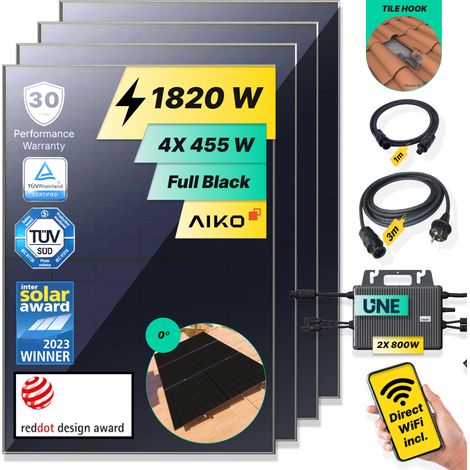 ROBINSUN®️ Kit Solar Enchufable Performance Roof 1.820Wp, 4 paneles Aiko 455Wp+2 Microinversores 800W Wifi incluído+Cable 3m+4 Fijaciones Salvateja (1/5)