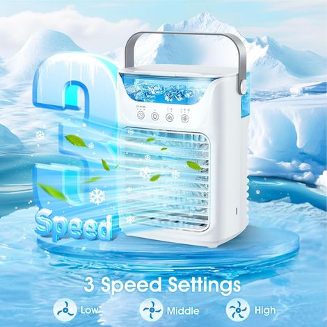 Rafraîchisseur d’air portable 3-en-1 700ml ventilateur de bureau LED 6h minuterie(Blanc) (1/5)