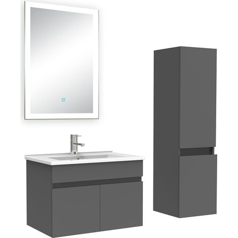 Ocean Ensemble meuble Salle de Bain 60cm avec vasque + colonne + miroir lumineux 3 couleurs anthracite