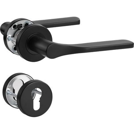 Poignée de porte noire en acier inoxydable mat - Poignée de porte pour porte d'entrée et porte intérieure - En forme de L - Rosace ronde - Cylindre profilé (1/5)