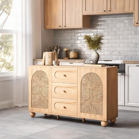 Buffet en bois naturel avec portes cannées et 3 tiroirs 140 cm (1/5)