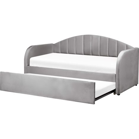Lit Gigogne en Velours Gris 90 x 200 cm Rebord Rayé Bois d'Eucalyptus Eyburie (1/5)