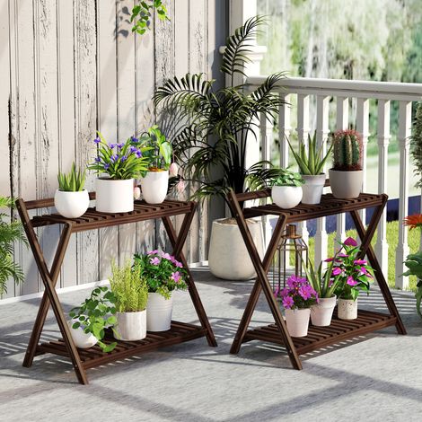 2er-Set Pflanzenständer für drinnen und draußen, Pflanzenregal aus Tannenholz, für Terrasse, Garten, Balkon, 73 x 36 x 64 cm, gebranntes Braun